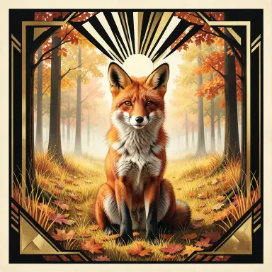 a red fox sitting in an autumn clearing, art deco style, FLUX.2