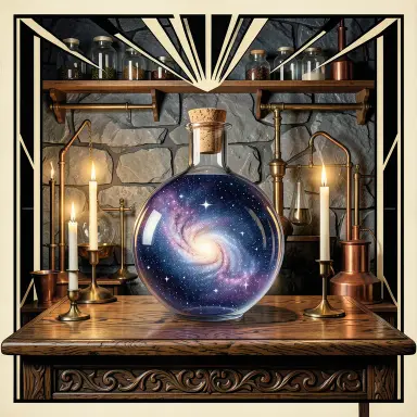 a galaxy swirling inside a glass flask in an alchemist's laboratory, art deco style, FLUX.2
