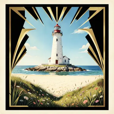 a lighthouse on a rocky islet, beach and dunes in front, art deco style, FLUX.2