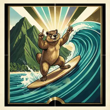 a marmot surfing a big wave, flashing a V sign, art deco style, FLUX.2