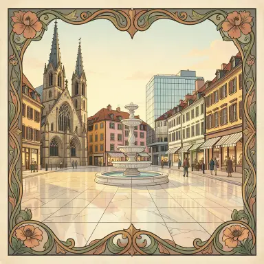 a sunlit city square with a fountain and buildings of different eras, art nouveau style, FLUX.2