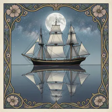 a clipper ship on a mirror-flat sea under the full moon, art nouveau style, FLUX.2