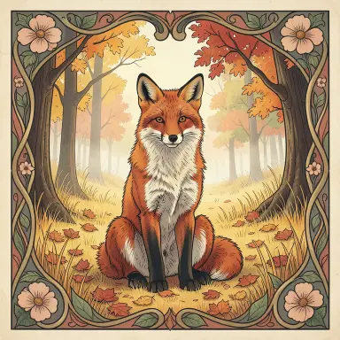 a red fox sitting in an autumn clearing, art nouveau style, FLUX.2