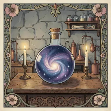 a galaxy swirling inside a glass flask in an alchemist's laboratory, art nouveau style, FLUX.2