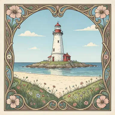 a lighthouse on a rocky islet, beach and dunes in front, art nouveau style, FLUX.2
