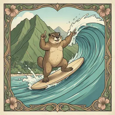 a marmot surfing a big wave, flashing a V sign, art nouveau style, FLUX.2