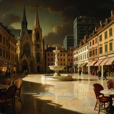 a sunlit city square with a fountain and buildings of different eras, baroque style, FLUX.2
