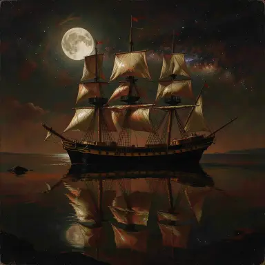 a clipper ship on a mirror-flat sea under the full moon, baroque style, FLUX.2