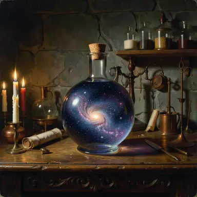 a galaxy swirling inside a glass flask in an alchemist's laboratory, baroque style, FLUX.2