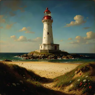 a lighthouse on a rocky islet, beach and dunes in front, baroque style, FLUX.2
