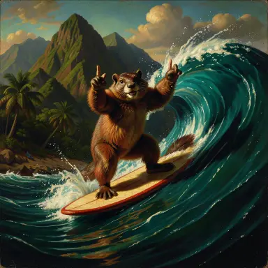 a marmot surfing a big wave, flashing a V sign, baroque style, FLUX.2