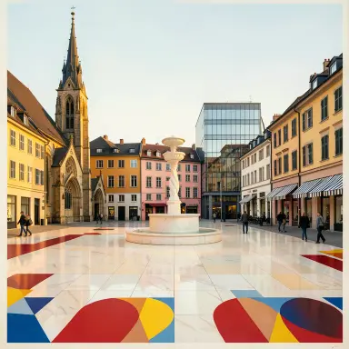 a sunlit city square with a fountain and buildings of different eras, bauhaus style, FLUX.2