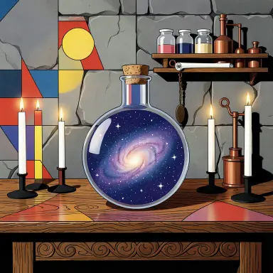 a galaxy swirling inside a glass flask in an alchemist's laboratory, bauhaus style, FLUX.2