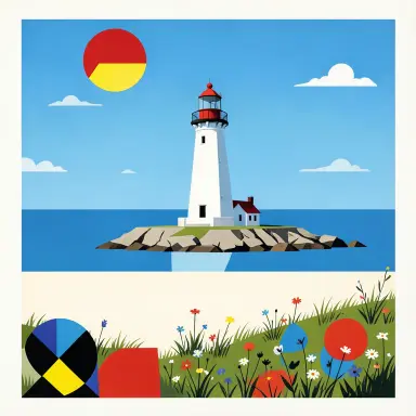 a lighthouse on a rocky islet, beach and dunes in front, bauhaus style, FLUX.2