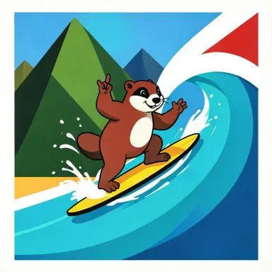a marmot surfing a big wave, flashing a V sign, bauhaus style, FLUX.2