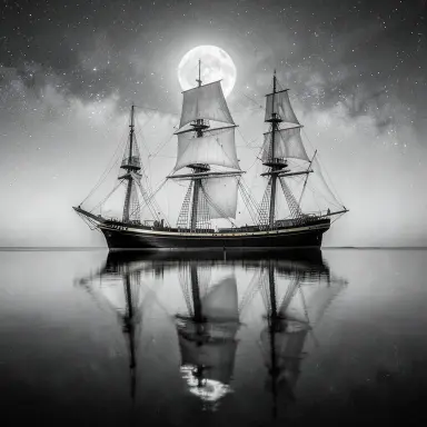 a clipper ship on a mirror-flat sea under the full moon, black and white photo style, FLUX.2