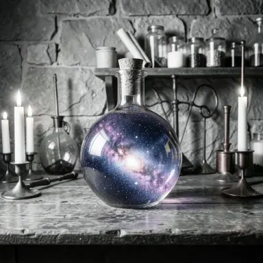 a galaxy swirling inside a glass flask in an alchemist's laboratory, black and white photo style, FLUX.2