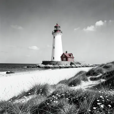 a lighthouse on a rocky islet, beach and dunes in front, black and white photo style, FLUX.2
