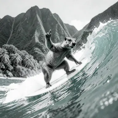 a marmot surfing a big wave, flashing a V sign, black and white photo style, FLUX.2