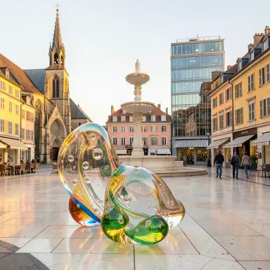 a sunlit city square with a fountain and buildings of different eras, blown glass style, FLUX.2