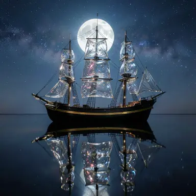 a clipper ship on a mirror-flat sea under the full moon, blown glass style, FLUX.2