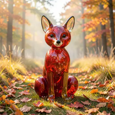 a red fox sitting in an autumn clearing, blown glass style, FLUX.2