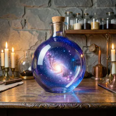 a galaxy swirling inside a glass flask in an alchemist's laboratory, blown glass style, FLUX.2