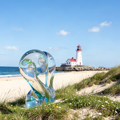 a lighthouse on a rocky islet, beach and dunes in front, blown glass style, FLUX.2
