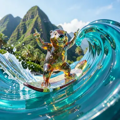 a marmot surfing a big wave, flashing a V sign, blown glass style, FLUX.2