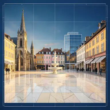 a sunlit city square with a fountain and buildings of different eras, blueprint style, FLUX.2