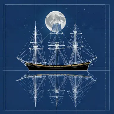 a clipper ship on a mirror-flat sea under the full moon, blueprint style, FLUX.2