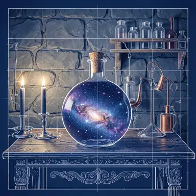 a galaxy swirling inside a glass flask in an alchemist's laboratory, blueprint style, FLUX.2