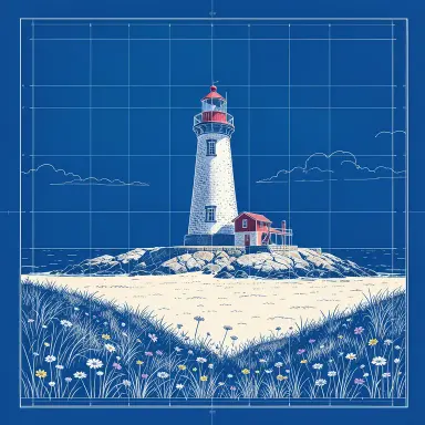 a lighthouse on a rocky islet, beach and dunes in front, blueprint style, FLUX.2