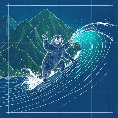 a marmot surfing a big wave, flashing a V sign, blueprint style, FLUX.2