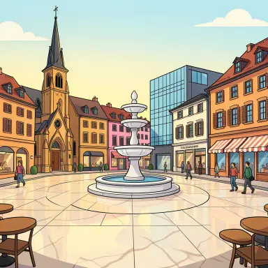 a sunlit city square with a fountain and buildings of different eras, cartoon style, FLUX.2