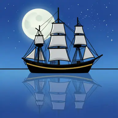 a clipper ship on a mirror-flat sea under the full moon, cartoon style, FLUX.2