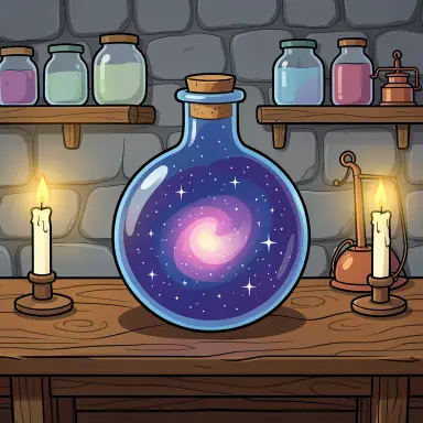 a galaxy swirling inside a glass flask in an alchemist's laboratory, cartoon style, FLUX.2