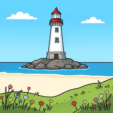a lighthouse on a rocky islet, beach and dunes in front, cartoon style, FLUX.2