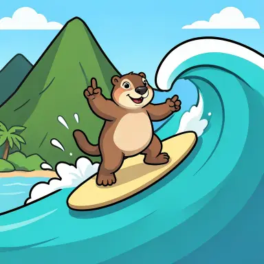 a marmot surfing a big wave, flashing a V sign, cartoon style, FLUX.2