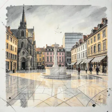 a sunlit city square with a fountain and buildings of different eras, charcoal drawing style, FLUX.2