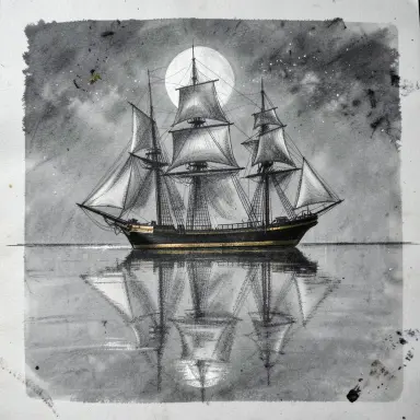 a clipper ship on a mirror-flat sea under the full moon, charcoal drawing style, FLUX.2