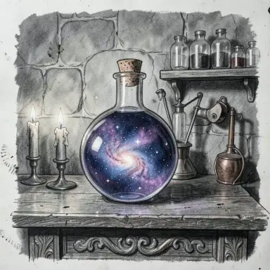 a galaxy swirling inside a glass flask in an alchemist's laboratory, charcoal drawing style, FLUX.2
