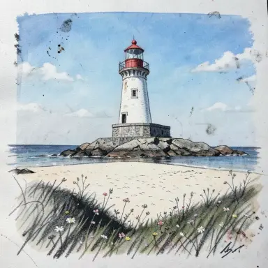 a lighthouse on a rocky islet, beach and dunes in front, charcoal drawing style, FLUX.2