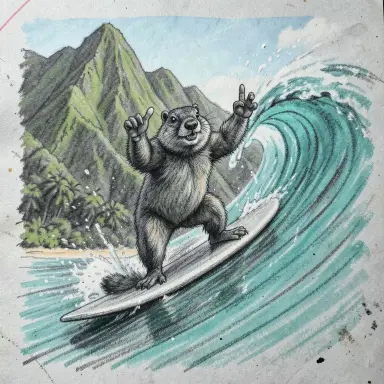a marmot surfing a big wave, flashing a V sign, charcoal drawing style, FLUX.2