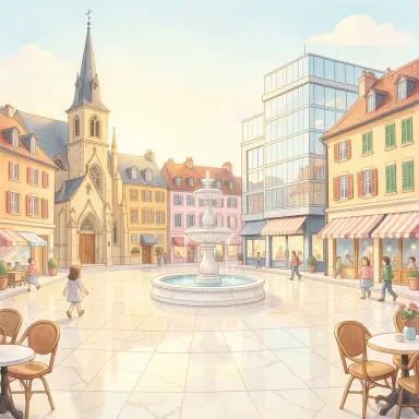 a sunlit city square with a fountain and buildings of different eras, children's book style, FLUX.2