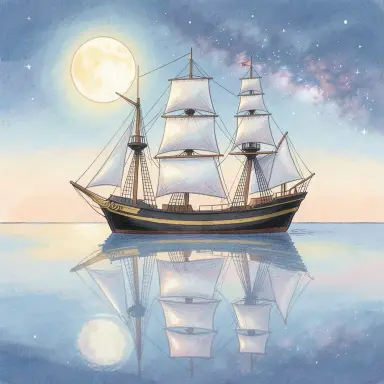 a clipper ship on a mirror-flat sea under the full moon, children's book style, FLUX.2