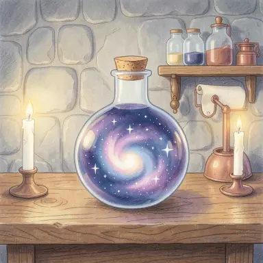 a galaxy swirling inside a glass flask in an alchemist's laboratory, children's book style, FLUX.2