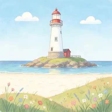 a lighthouse on a rocky islet, beach and dunes in front, children's book style, FLUX.2