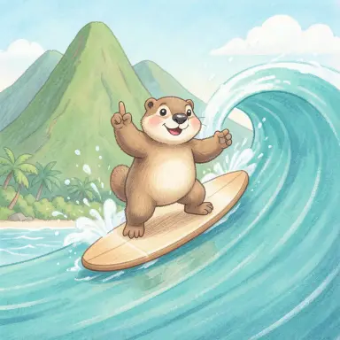 a marmot surfing a big wave, flashing a V sign, children's book style, FLUX.2
