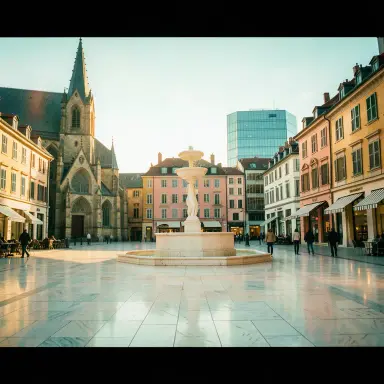 a sunlit city square with a fountain and buildings of different eras, cinematic still style, FLUX.2